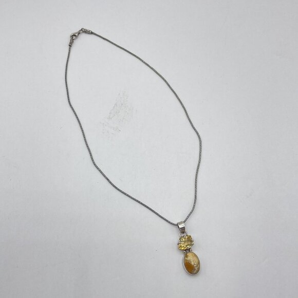Handcrafted 925 Sterling Silver Necklace With Citrine & Jasper Pendant - Picture 3 of 5